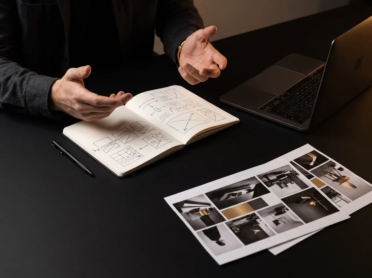 Séance de stratégie : carnet de croquis, planche d'inspiration et ordinateur