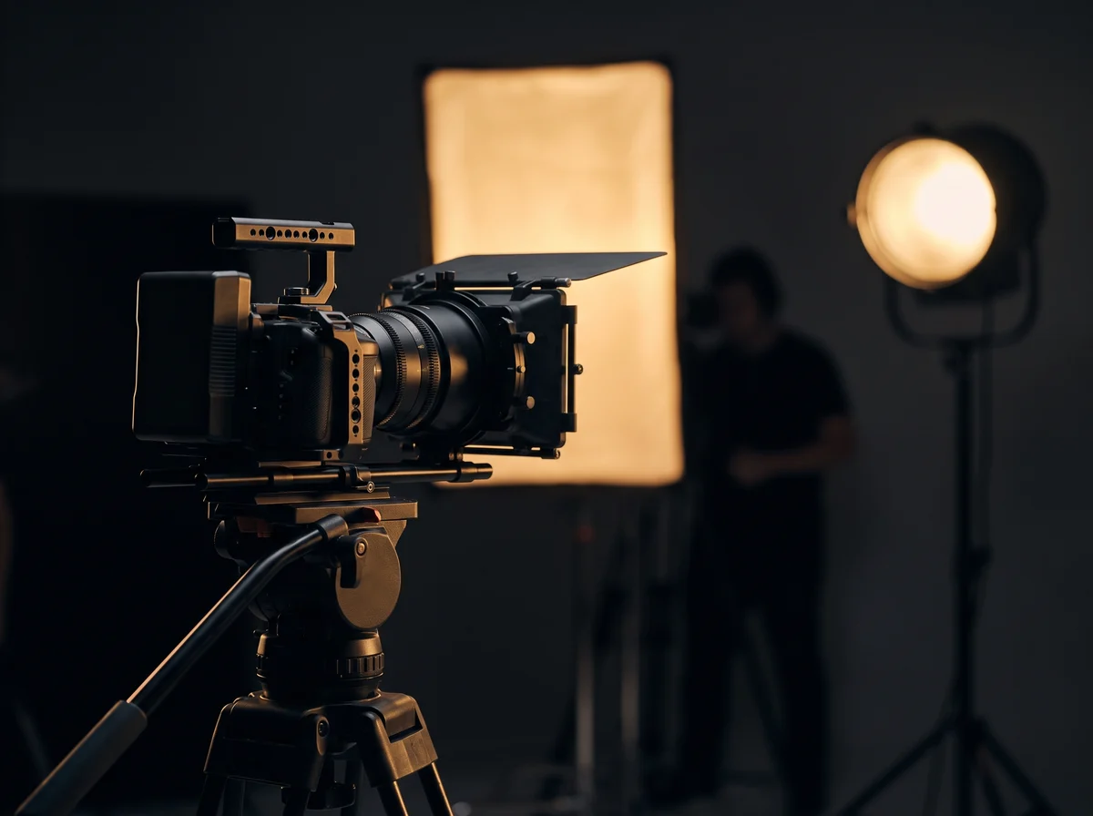Caméra cinéma sur un plateau de tournage éclairé